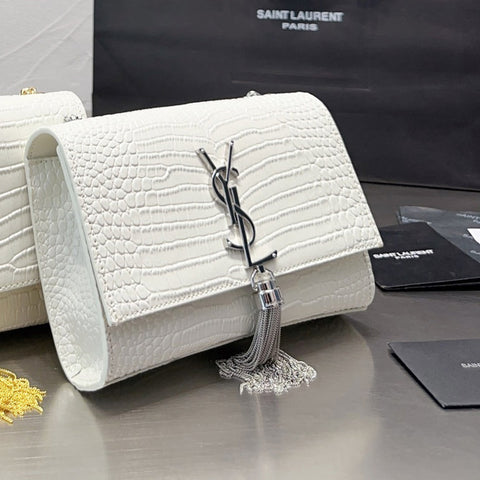 KATE Small Tassel Chain Bag in Croc-embossed shiny leather