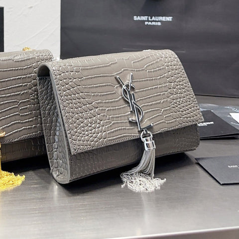 KATE Small Tassel Chain Bag in Croc-embossed shiny leather