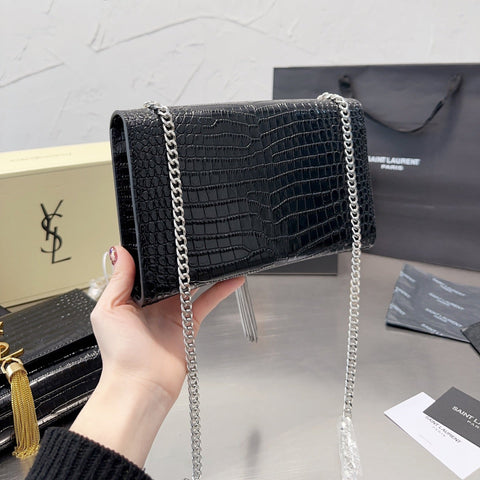 KATE Small Tassel Chain Bag in Croc-embossed shiny leather