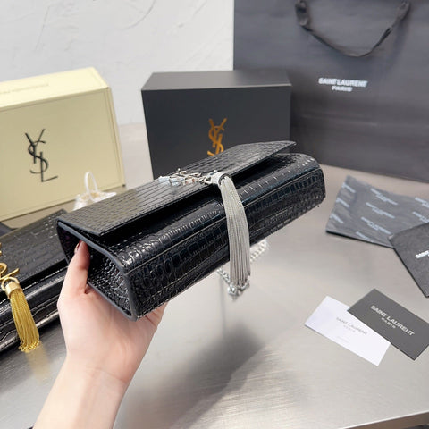 KATE Small Tassel Chain Bag in Croc-embossed shiny leather