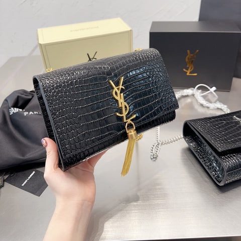 KATE Small Tassel Chain Bag in Croc-embossed shiny leather