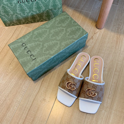 Brown Canvas Embossed Flat Slippers