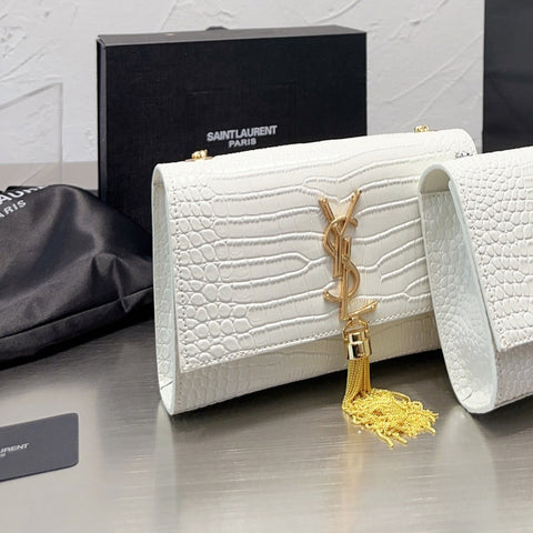 KATE Small Tassel Chain Bag in Croc-embossed shiny leather