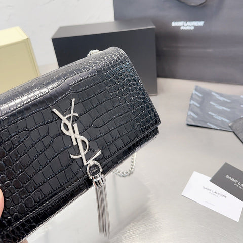 KATE Small Tassel Chain Bag in Croc-embossed shiny leather