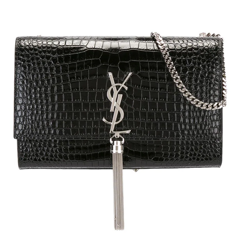 KATE Small Tassel Chain Bag in Croc-embossed shiny leather